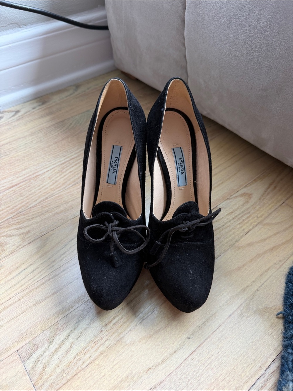 Prada Black Suede Bow-Detail Pointed-Toe Pumps